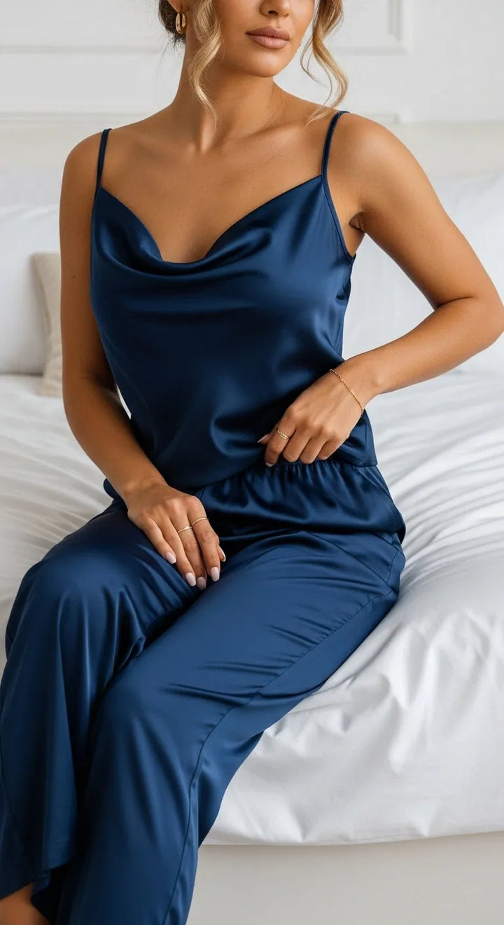 Pijama de Cetim Feminino - Azul Marinho
