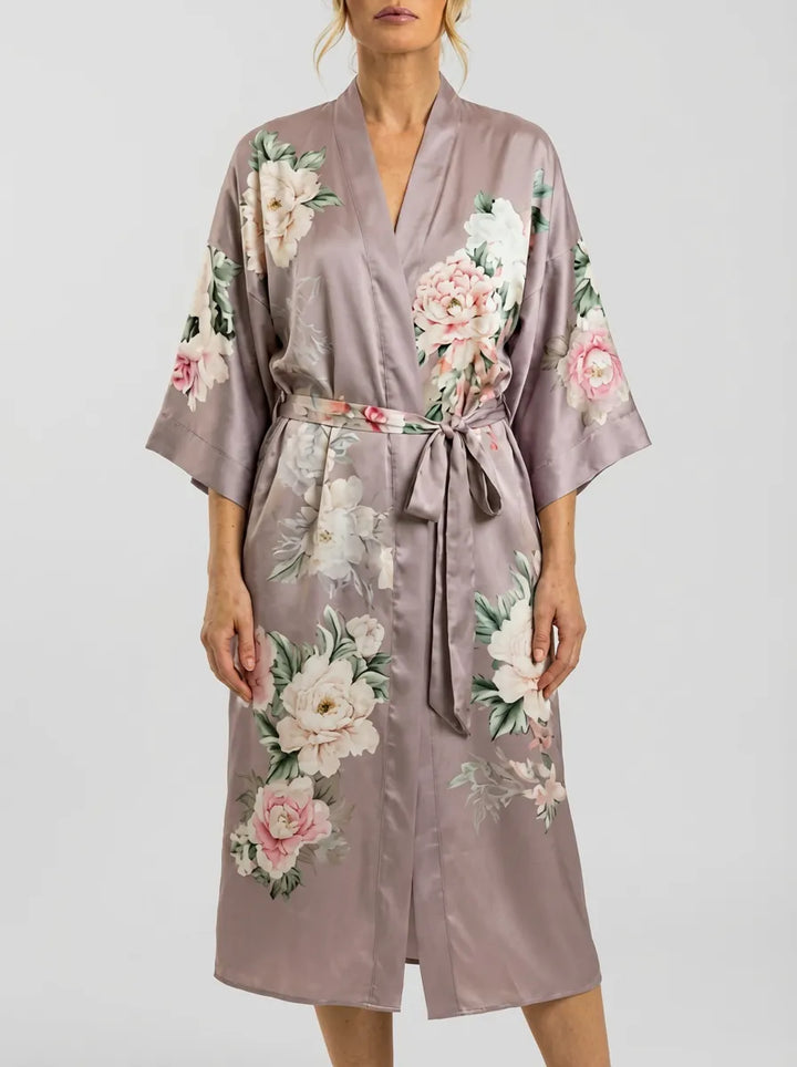 Robe Kimono Longo de Cetim Lilás Floral Feminino
