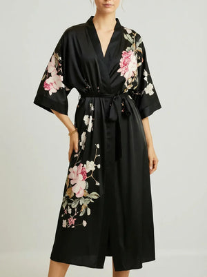 Robe Kimono Longo de Cetim Preto Floral com Rosas Feminino