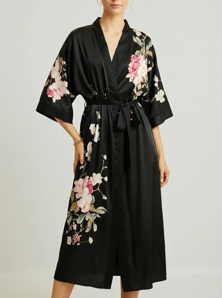 Robe Kimono Longo de Cetim Preto Floral com Rosas Feminino