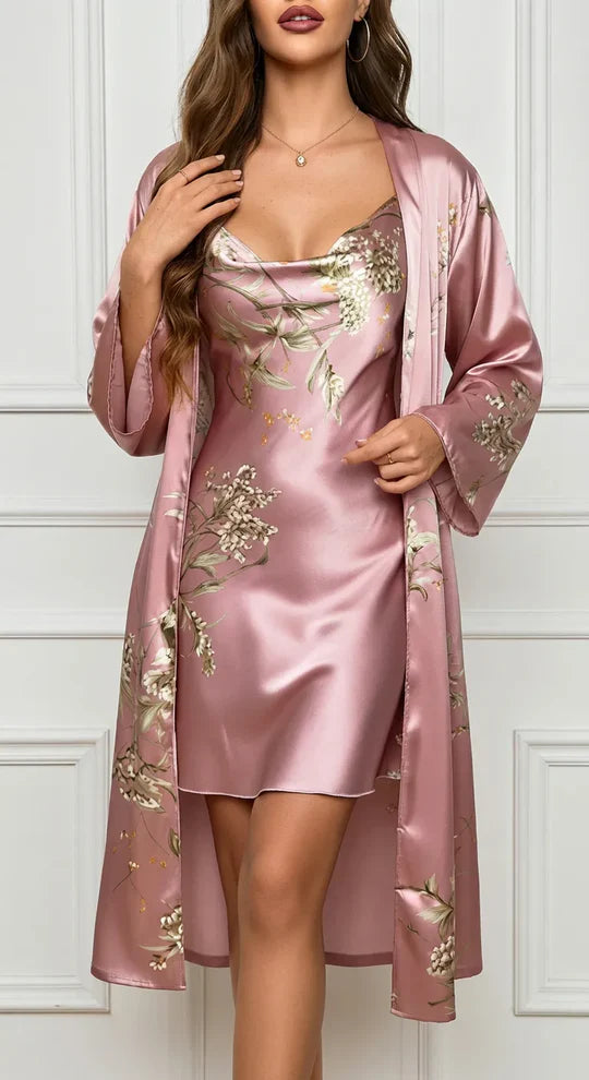 Conjunto Robe e Camisola de Cetim Floral - Rosa Floral