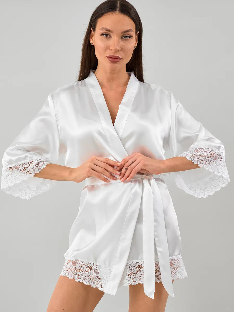 Robe kimono rendado Branco em cetim 