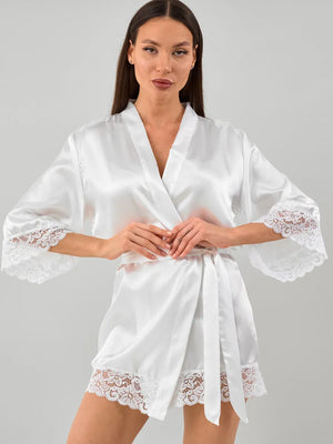 Robe kimono rendado Branco em cetim 