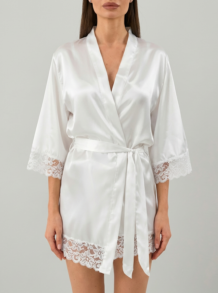 Robe kimono rendado Branco em cetim 