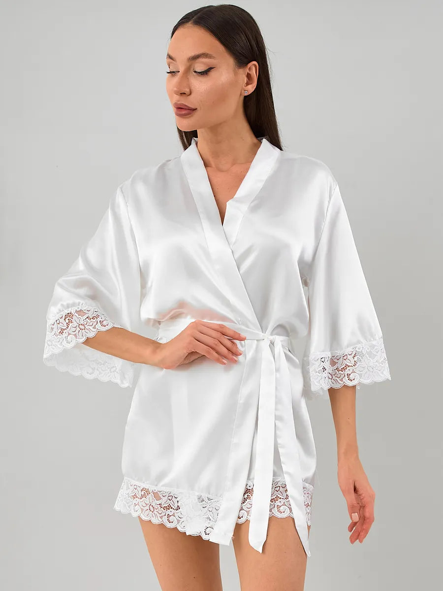 Robe kimono rendado Branco em cetim 