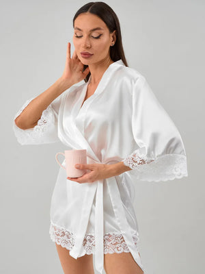 Robe kimono rendado Branco em cetim 