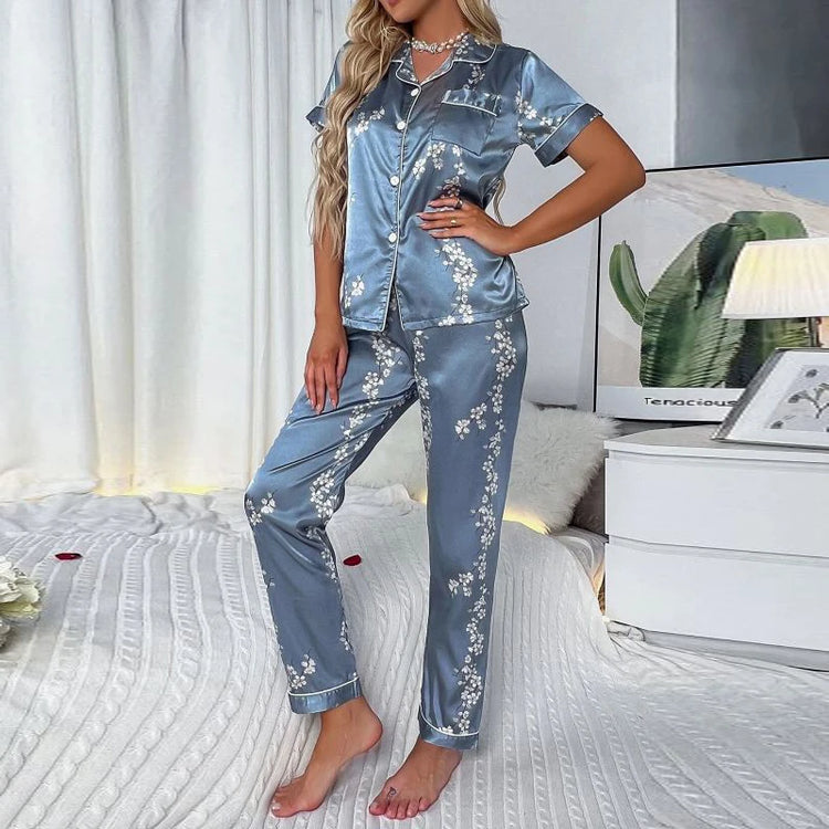 Conjunto de pijamas de botão feminino, pijamas de manga comprida, conjuntos de pijamas, camisa estampada com calças, loungewear feminino