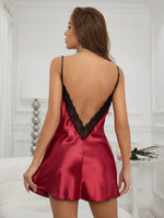 Pijama feminino de cor sólida com renda, camisola sexy com decote em V e costas nuas.