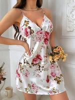 Vestido de Dormir com Estampa Floral em Seda para Mulheres, Camisola, Pijama