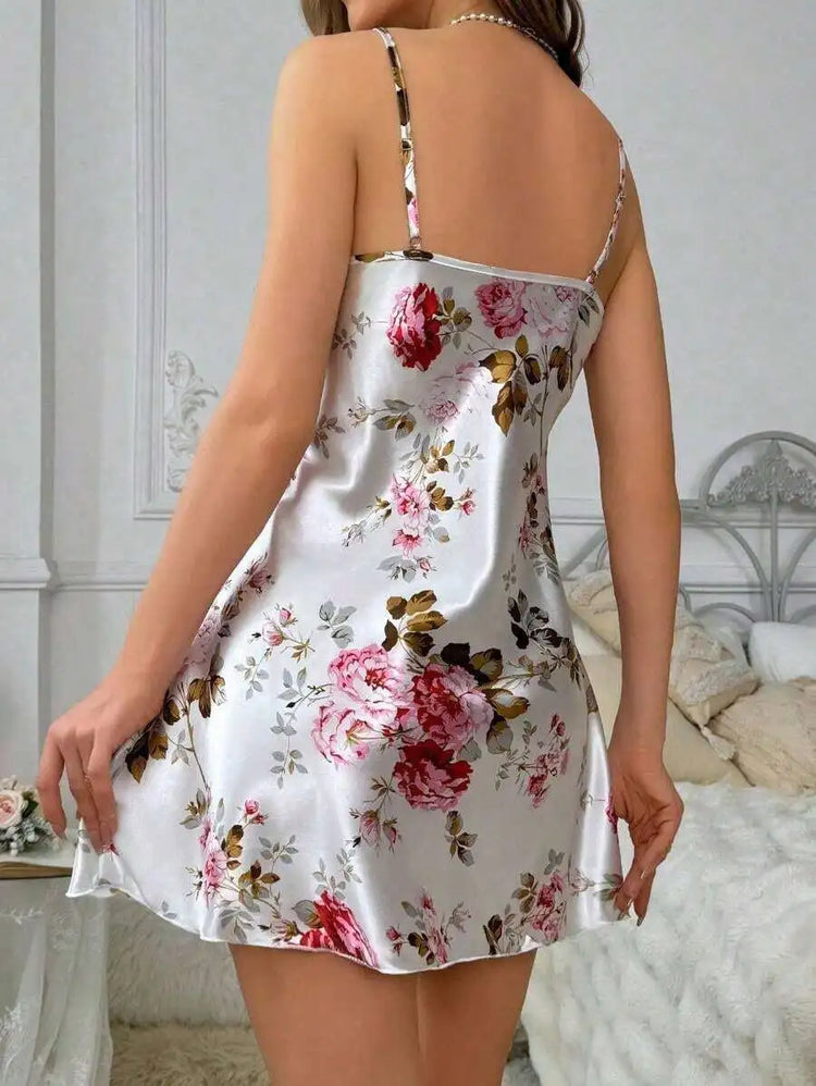 Vestido de Dormir com Estampa Floral em Seda para Mulheres, Camisola, Pijama