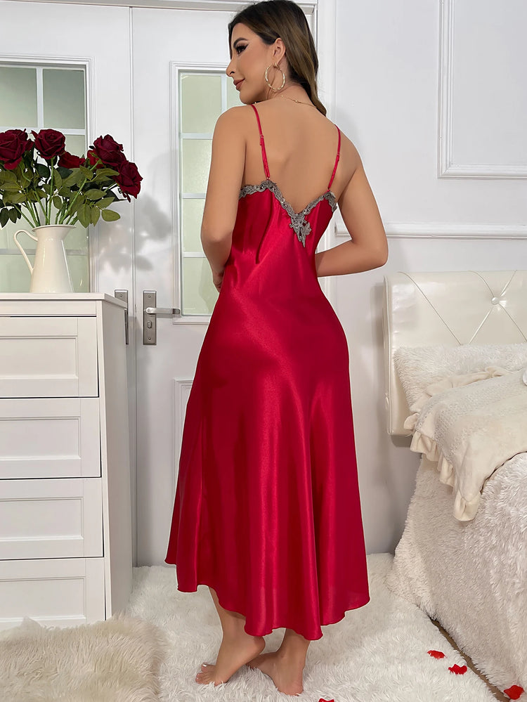 Conjunto de pijama feminino luxuoso de renda vermelha, 2 peças, robe longo e camisola, noiva ou namoro, roupa de casa