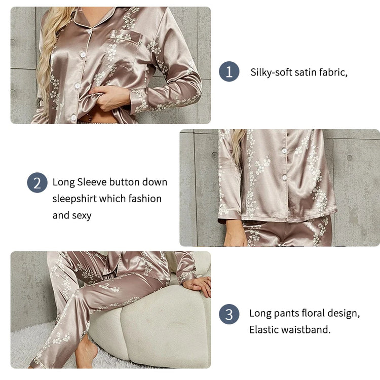 Conjunto de pijamas de botão feminino, pijamas de manga comprida, conjuntos de pijamas, camisa estampada com calças, loungewear feminino