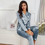 Conjunto de pijamas de botão feminino, pijamas de manga comprida, conjuntos de pijamas, camisa estampada com calças, loungewear feminino