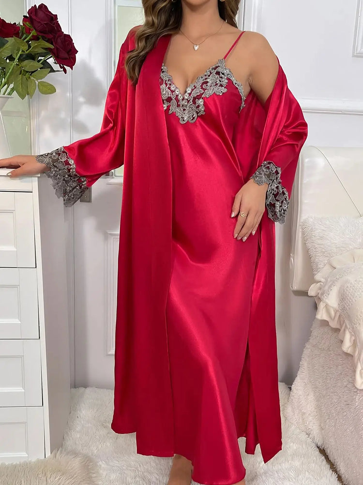 Conjunto de pijama feminino luxuoso de renda vermelha, 2 peças, robe longo e camisola, noiva ou namoro, roupa de casa