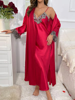 Conjunto de pijama feminino luxuoso de renda vermelha, 2 peças, robe longo e camisola, noiva ou namoro, roupa de casa