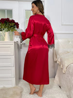 Conjunto de pijama feminino luxuoso de renda vermelha, 2 peças, robe longo e camisola, noiva ou namoro, roupa de casa