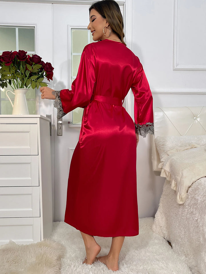 Conjunto de pijama feminino luxuoso de renda vermelha, 2 peças, robe longo e camisola, noiva ou namoro, roupa de casa - Vermelho