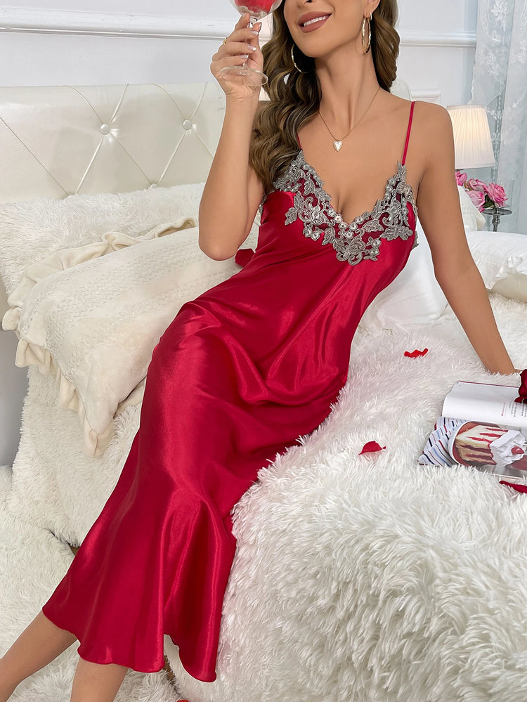 Conjunto de pijama feminino luxuoso de renda vermelha, 2 peças, robe longo e camisola, noiva ou namoro, roupa de casa