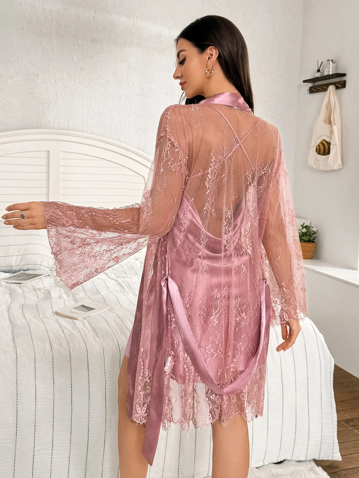 Venda quente cor sólida poliéster camisola renda ver através de robe para mulher 2 peças conjunto - Vermelho