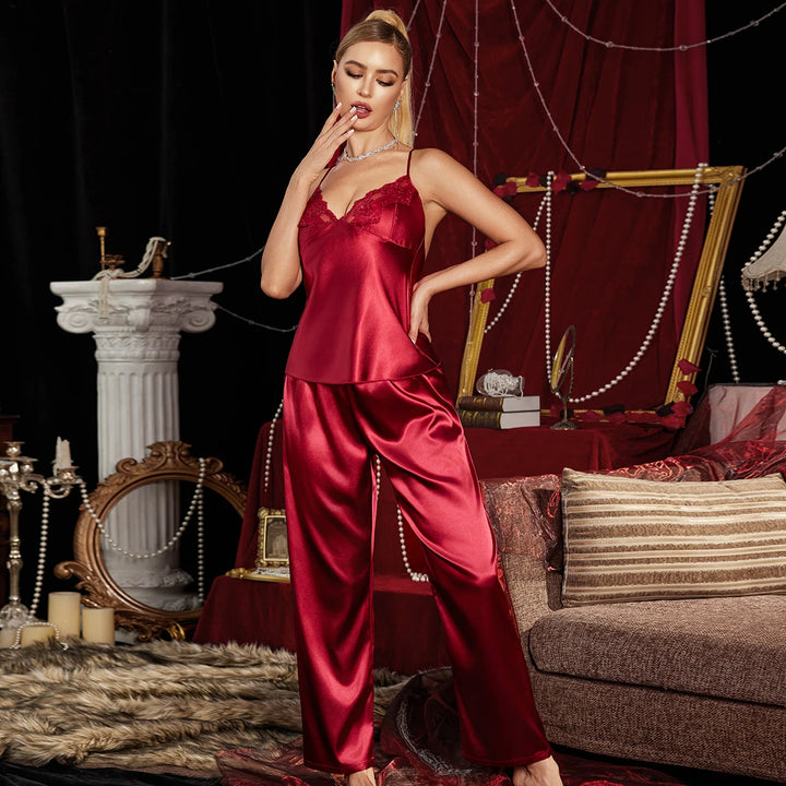 Women's Pajama Set Lace Trim Camisole with Pants High Quality Soft Comfortable Sleepwear - Red