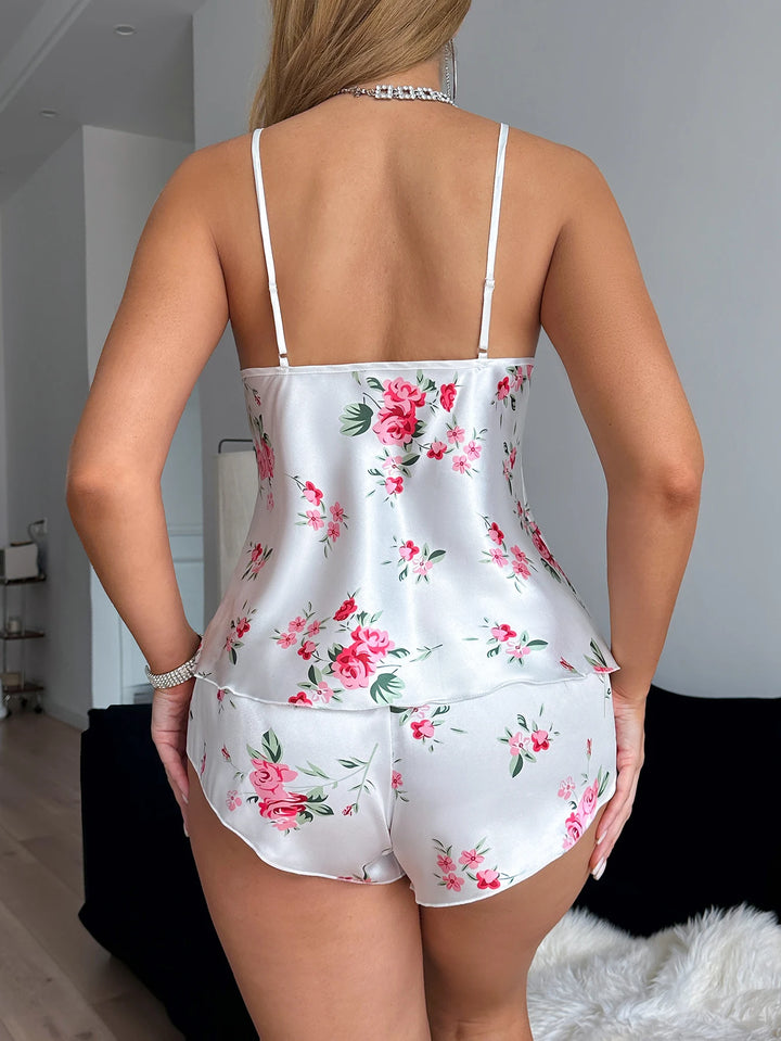 V Neck Lace Printed Halter Shorts Set Fashionable And Elegant Women's Pajama 2 Piece Set - black