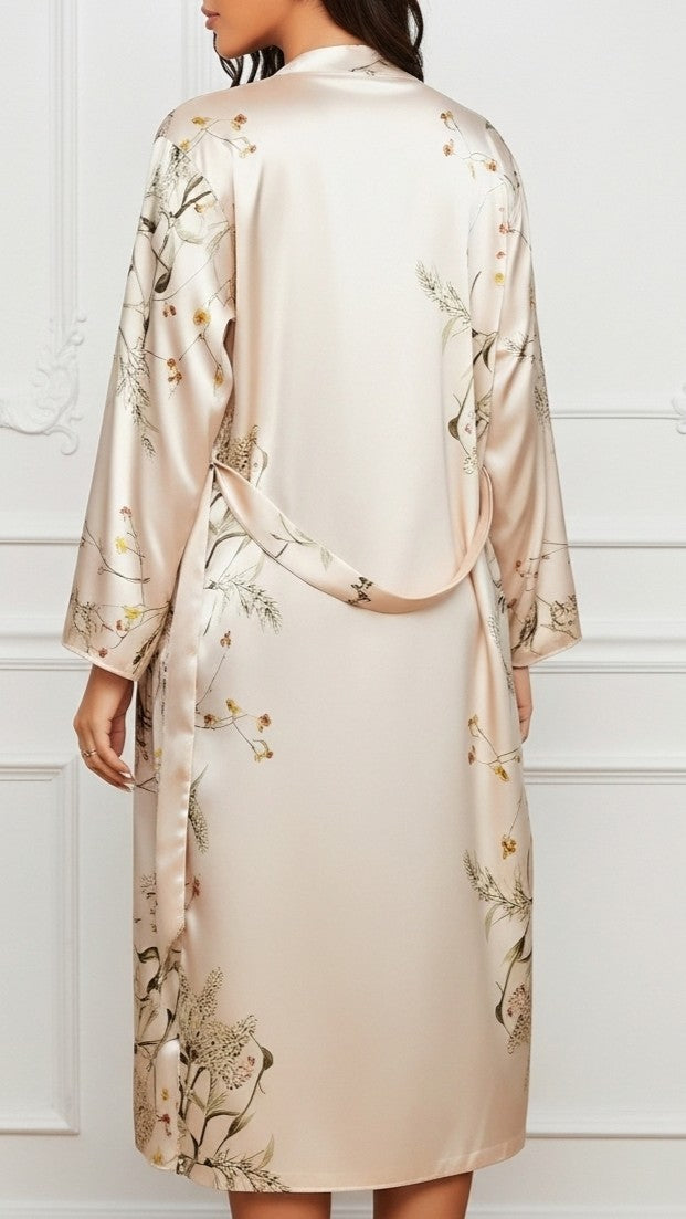 costas robe floral champagne detalhe da faixa presa nos passadores barra midi elegante