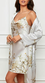 lateral direita conjunto floral prata camisola curta com alcinha robe longo acetinado