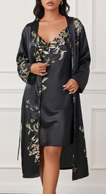 Conjunto Robe e Camisola de Cetim Floral Preto – laço ajustável e passadores