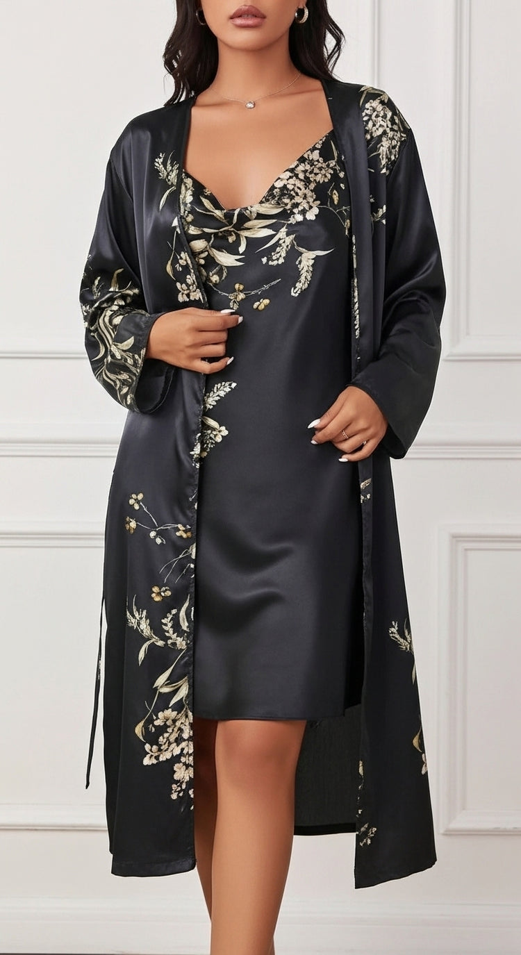 Conjunto Robe e Camisola de Cetim Floral Preto – laço ajustável e passadores