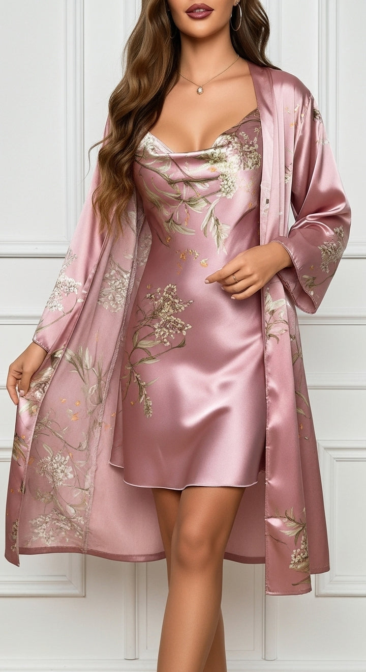 Conjunto Robe e Camisola de Cetim Floral - Rosa