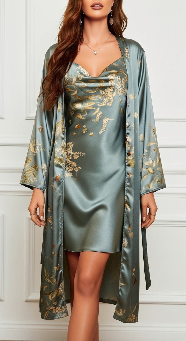 frente conjunto camisola e robe de cetim floral verde escuro com decote levemente drapeado alças finas e faixa com passadores