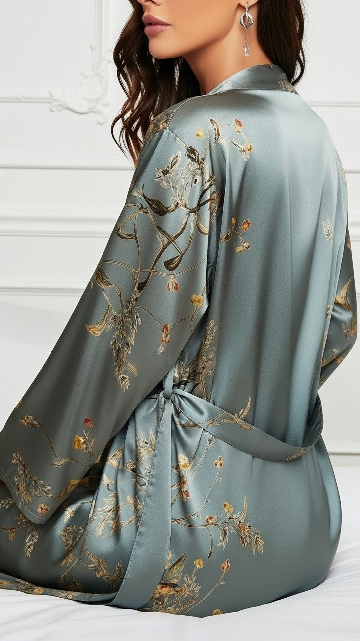 sentada na cama conjunto verde escuro em cetim floral decote drapeado conforto para noite e rotina de skincare
