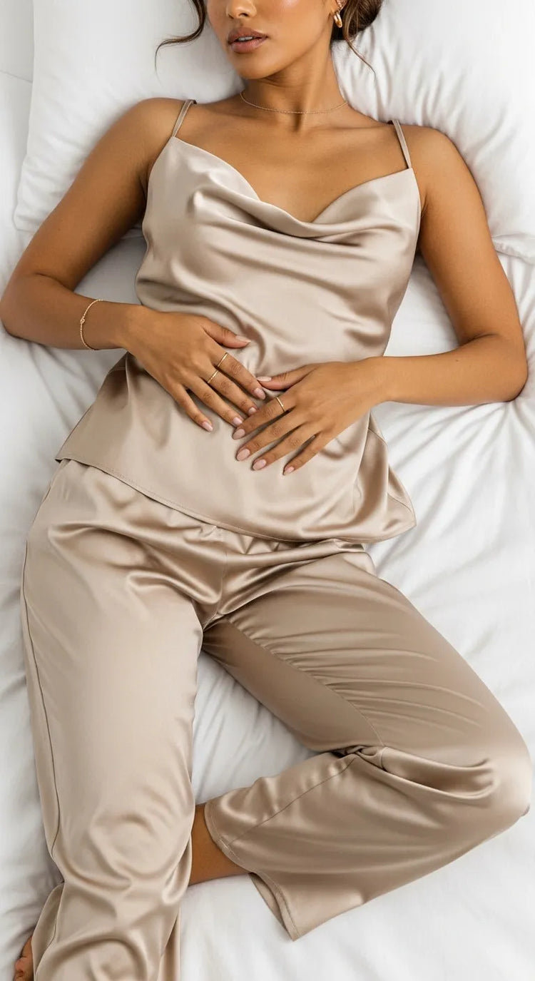 Pijama de cetim champagne - pose confortável em estúdio - conjunto feminino com calça e regata