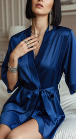 robe de cetim azul curto - sentada na cama, tecido acetinado com leve reflexo