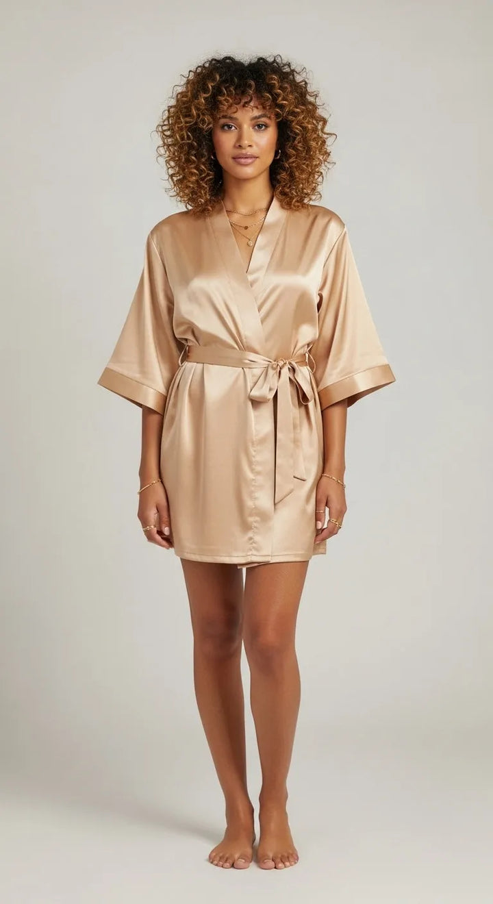 Robe Kimono de Cetim Curto Feminino - Champagne