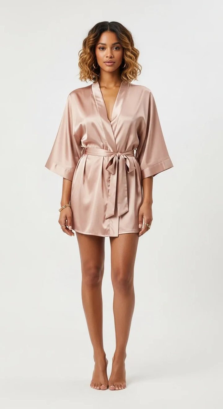 robe de cetim rosa curto - vista inteira, acabamento acetinado e caimento reto