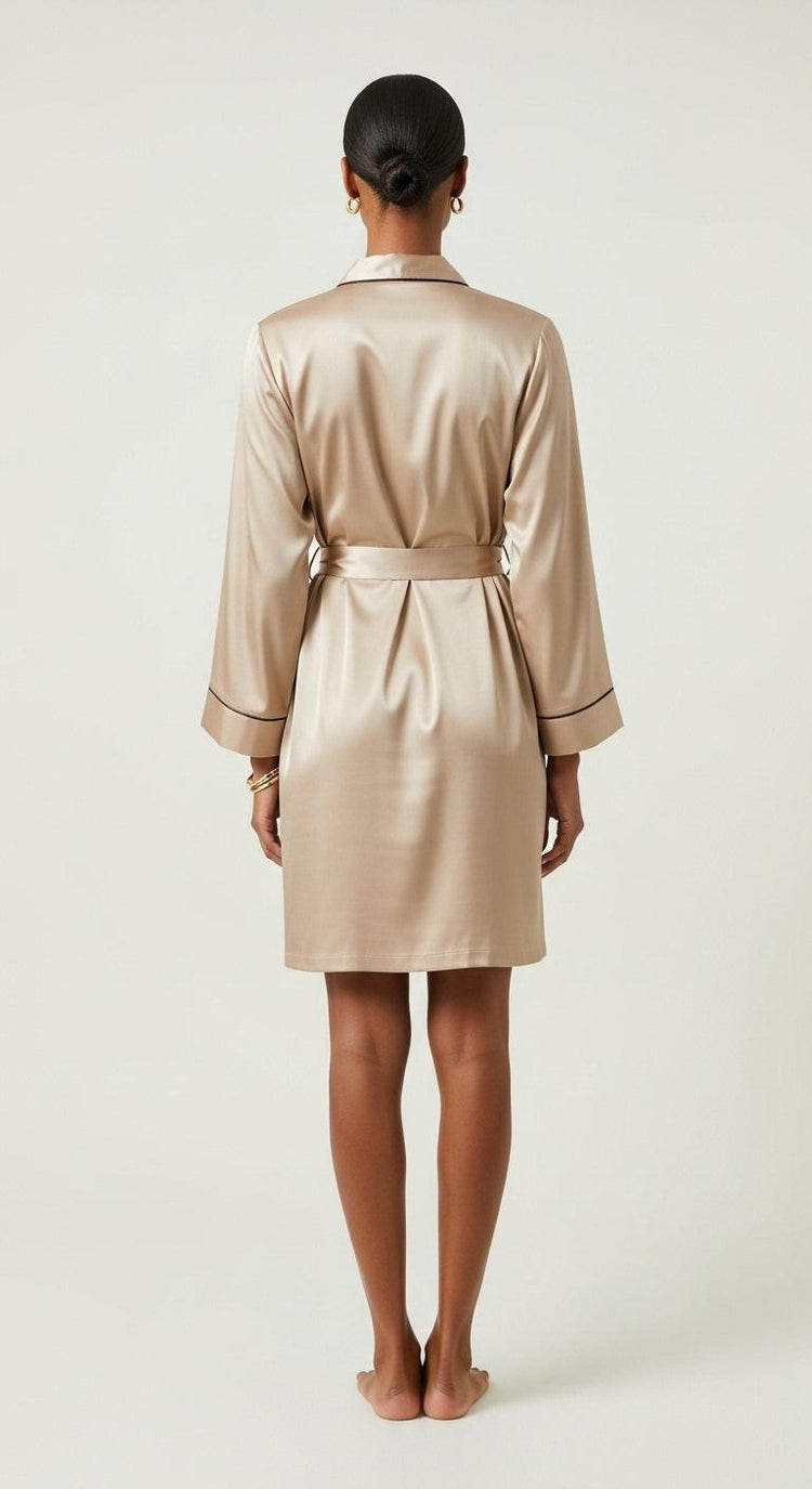 robe kimono de cetim champagne costas modelagem reta barra curta e vivo preto nas bordas