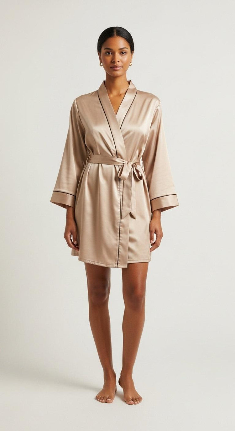 robe kimono de cetim champagne curto frente inteira cintura ajustada por amarração vivo preto no contorno