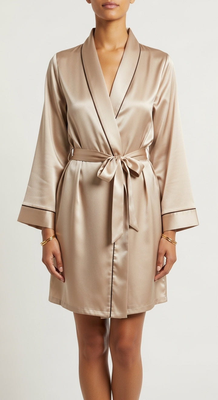 robe kimono curto de cetim champagne com faixa decote V transpassado mangas 3/4 vivo preto contrastando