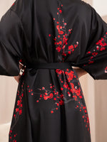 costas robe kimono longo preto floral vermelho comprimento meio do tornozelo