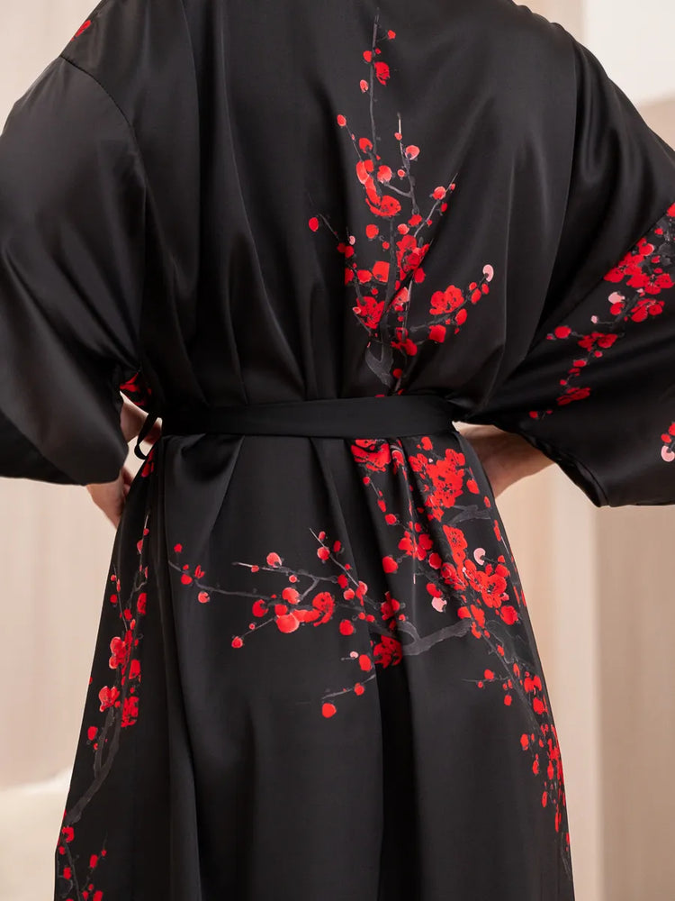 costas robe kimono longo preto floral vermelho comprimento meio do tornozelo
