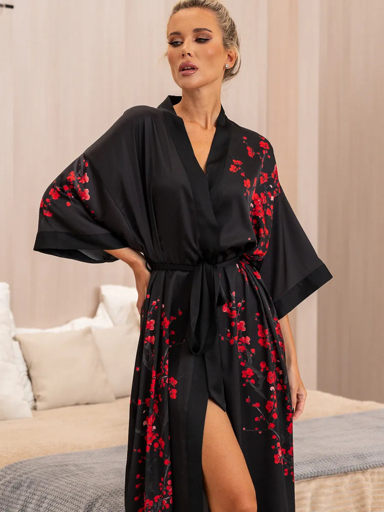 ajuste de cintura robe kimono preto floral para homewear e spa