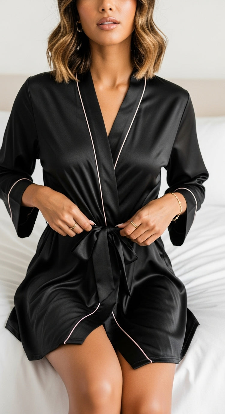 robe kimono curto preto de cetim sentada na cama tecido acetinado laço central e vivo rosa
