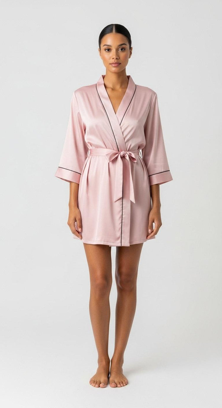 robe kimono de cetim rosa curto frente inteira ajuste com amarração acabamento com vivo preto