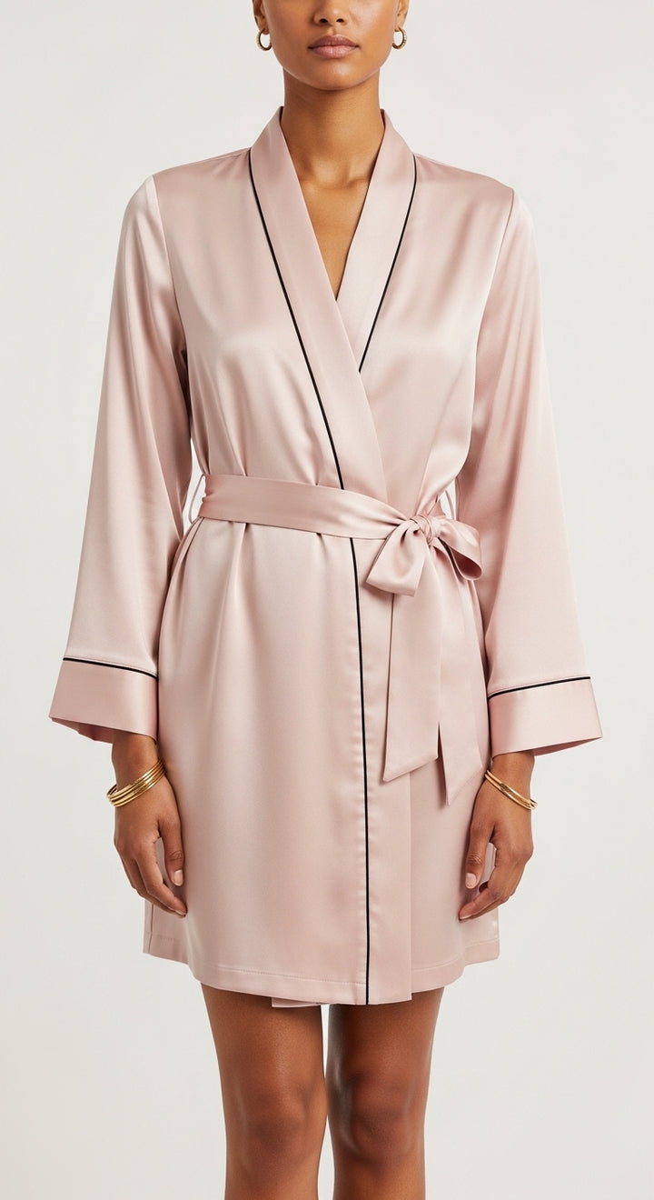 robe kimono curto de cetim rose com faixa mangas 3/4 decote V transpassado vivo preto nas bordas