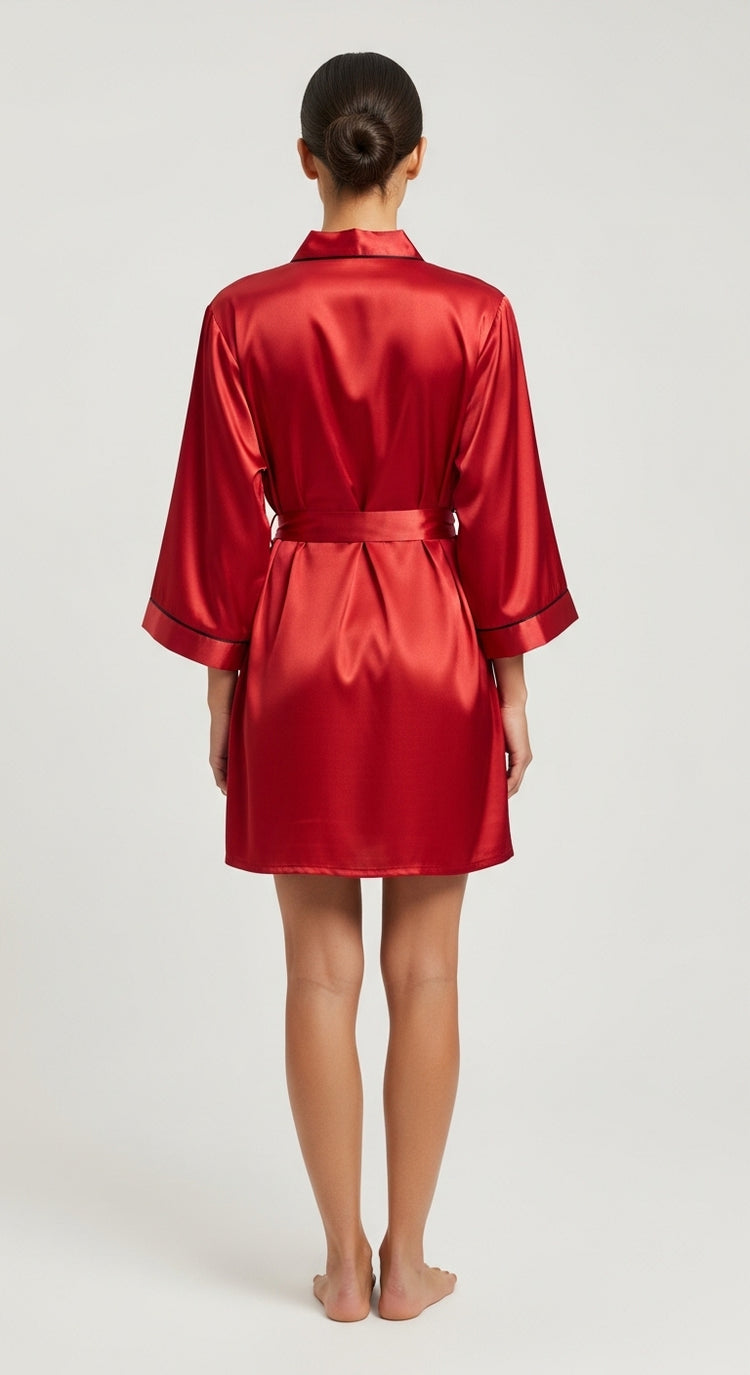 robe kimono de cetim vermelho costas barra curta sem fenda amarração e vivo contornando