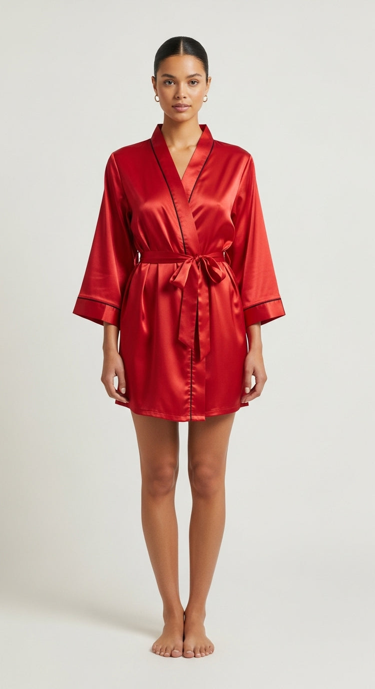 robe kimono de cetim vermelho curto frente inteira amarração na cintura brilho acetinado e vivo aparente