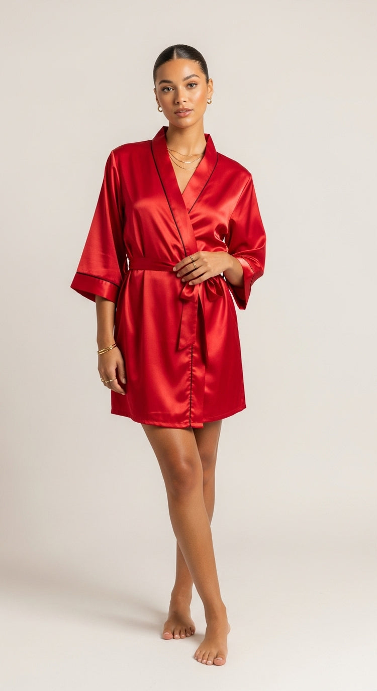 robe kimono curto vermelho em cetim pose frontal gola em V tecido luminoso e detalhe de vivo