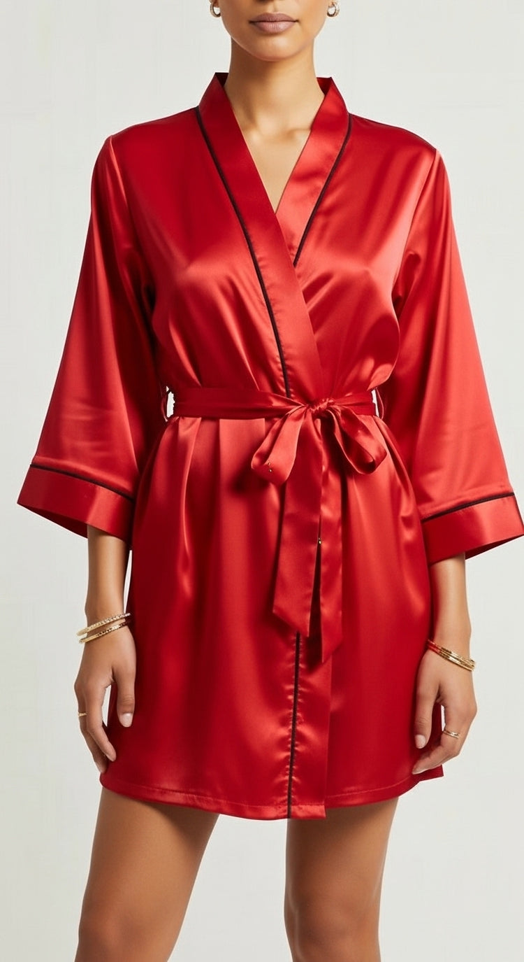 robe kimono curto de cetim vermelho com faixa decote V transpassado mangas 3/4 vivo no contorno tom sobre tom