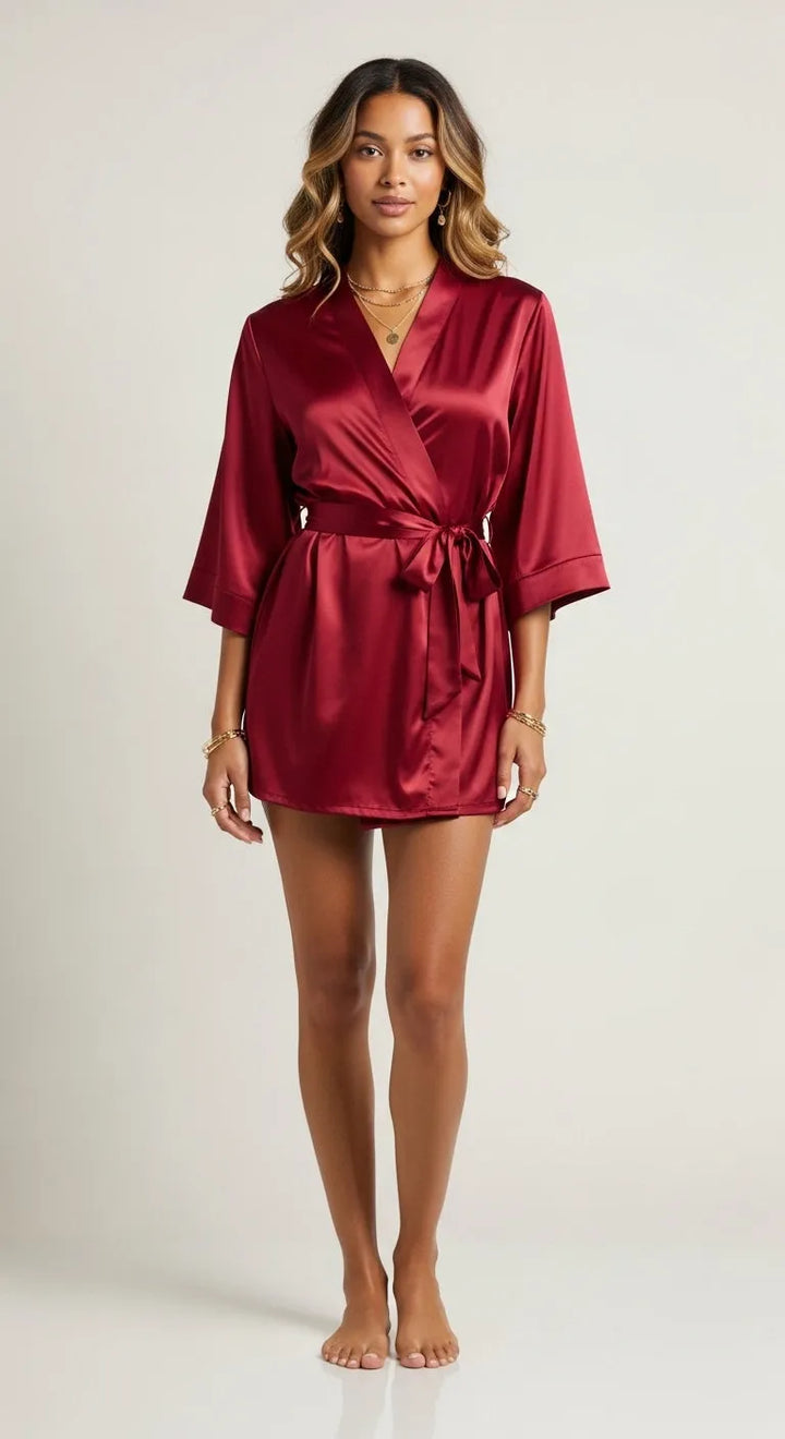 Robe Kimono de Cetim Curto Feminino - Vermelho